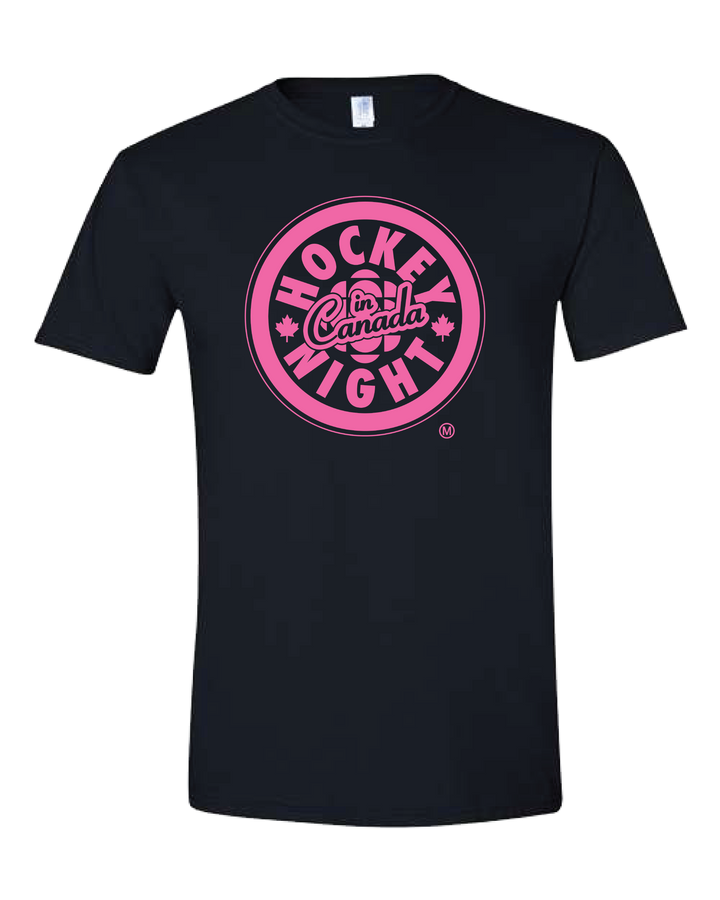 Hockey Night in Canada - 'Monotone HNIC' -  Adult 7.5 oz. Tee Shirt - Pink on Black